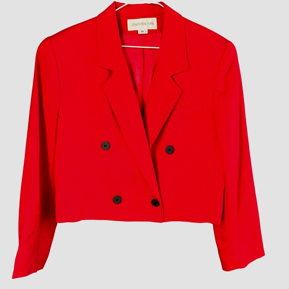 Jones New York Cropped Red Blazer Jacket Double Breasted Modern City Chic Sz 12